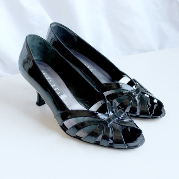 PREVATA  | Vintage Italian Leather Shoes 7 1/2 Black | Open-Toes Kitten Heels - Picture 10 of 15